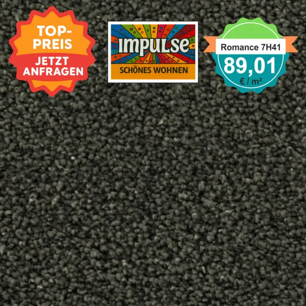 Teppichmuster mit Label „Impulse WOLFSBURG“ und Badge „Romance 7H41 – 89,91 €/m²“